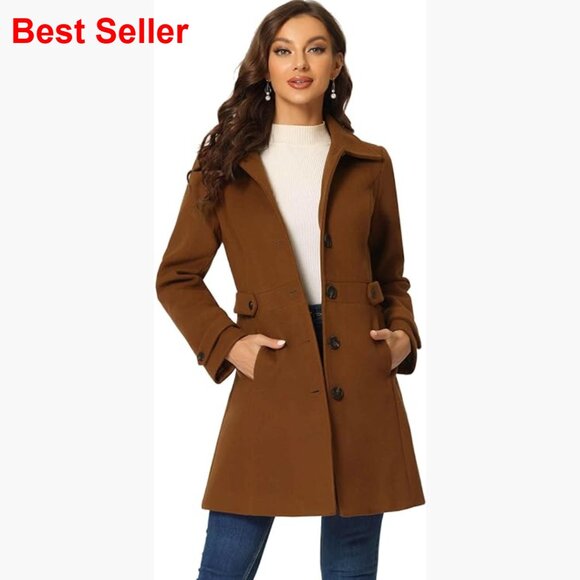 Polyester Pea Coat with Notch Lapel Fully Lined Two Pockets